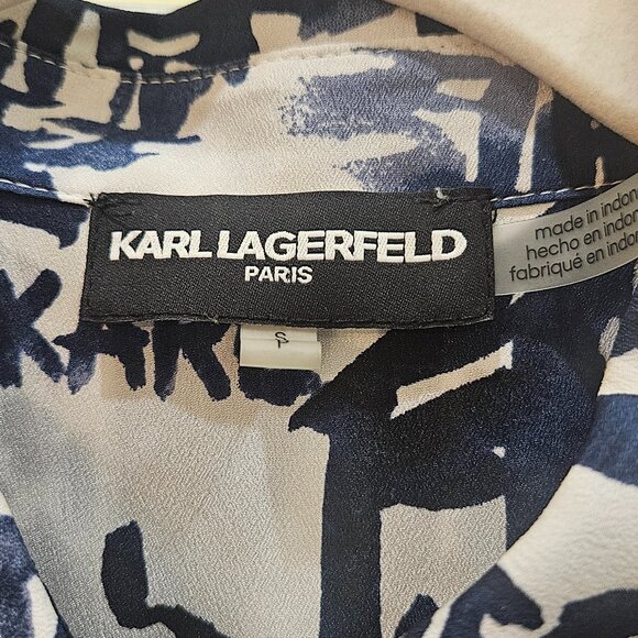 Karl Lagerfeld Paris 3/4 Sleeves Button-Up Blouse Women's S/P Blue & White - Picture 2 of 15